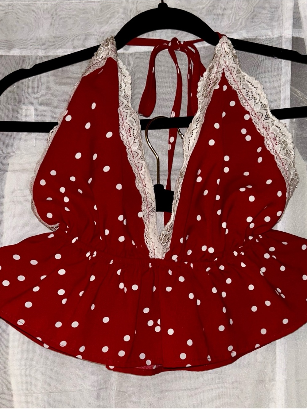 S - SHEIN Red Polka Dot Lace-Trim Halter Top